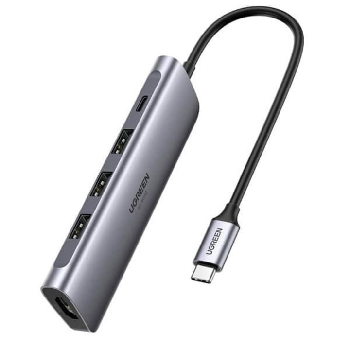 Хъб UGREEN, многофункционален, 5в1, USB-C към 3x USB 3.0 + HDMI 4K + USB-C, PD, 100W, сив