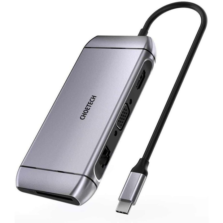 Хъб Choetech HUB-M15, 9в1, USB-C, 3x USB 3.2 Gen 1, SD TF, HDMI 4K, 30Hz, VGA, Full HD, 60Hz, USB-C, RJ45, сив