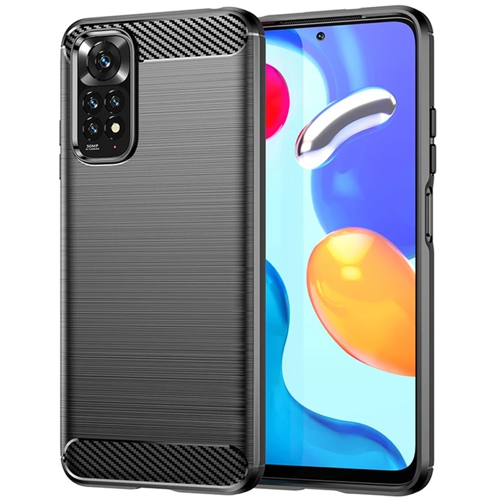 Szilikon tok Xiaomi Redmi Note 11 / Note 11S telefonhoz, TPU Ultra Protect Slim Anti-Shock, szénszálas, fekete