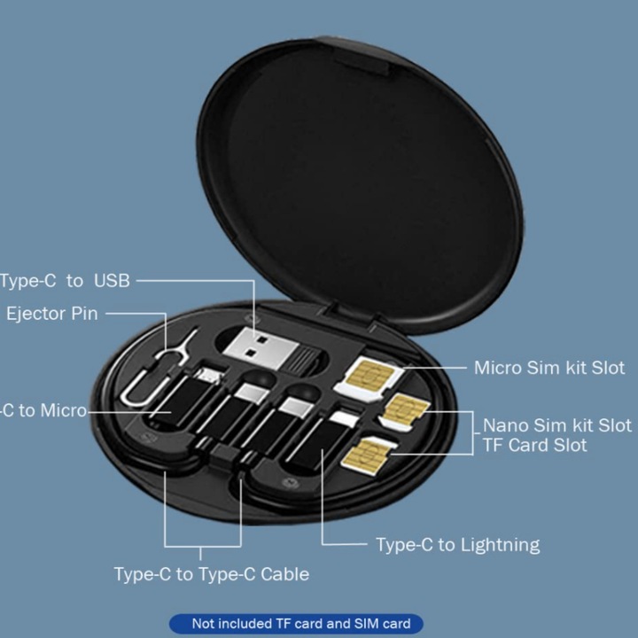 Adaptor USB A/Type C/Micro USB/Light Convert ESL by Essential Level®, Kit de stocare portabil, Set de cabluri de incarcare si transfer de date PD 60W, Suport telefon, Black