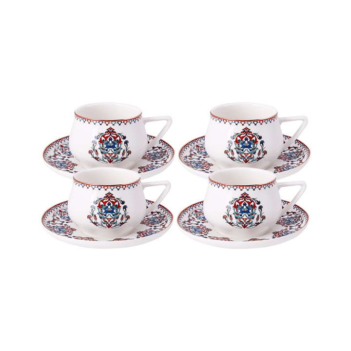 Комплект 4 чаши за чай с чинии Karaca, Nakkas, Porcelain, Multicolor, 220 ml