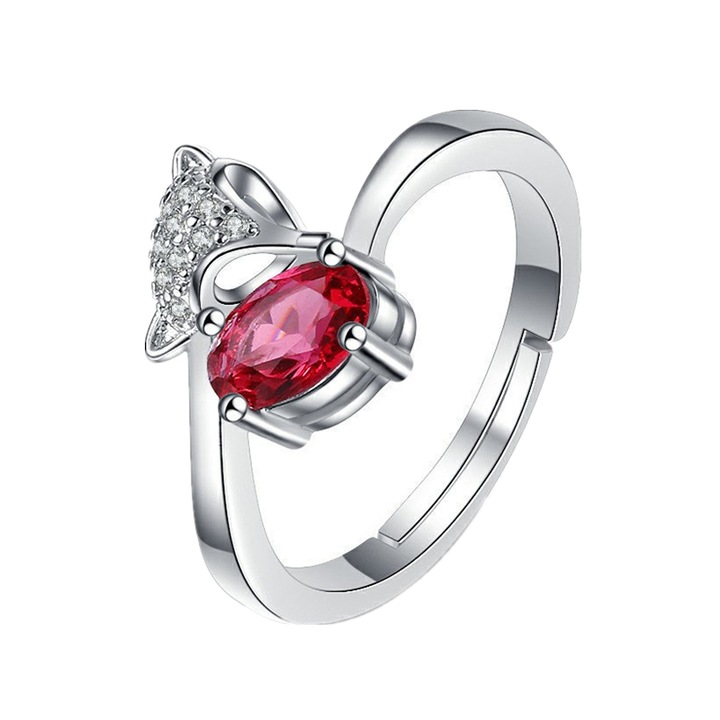 OEM Női gyűrű, ezüst/cirkónia/féldrágakövek, állítható, róka mintás, ezüst/piros