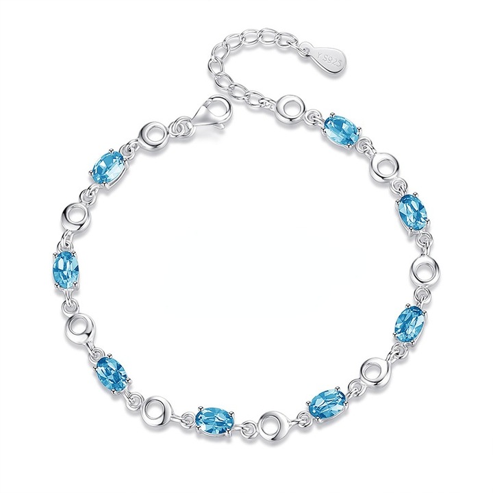 Bratara dama, Argint/Topaz/Cristal, 16 cm, Argintiu/Albastru