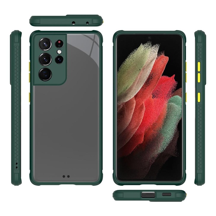 Удароустойчив Калъф за Samsung S21 Ultra, Защита за Камерата, Тъмнозелен