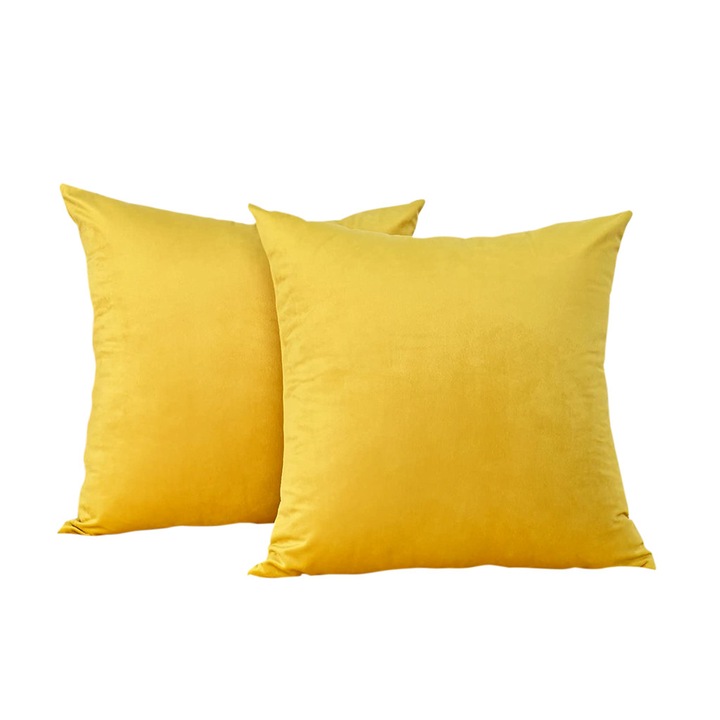 Set 2 huse pernute decorative din catifea cu fermoar, 45x45 cm, Madison, densitate 700 g/ml, Galben