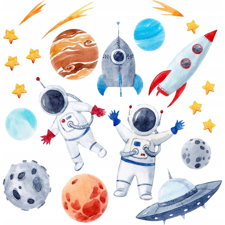 Set 25 stickere pentru copii, Drukant, MT-KOS-S, Astronaut, folie adeziva mata, multicolor, 75 x 50 cm