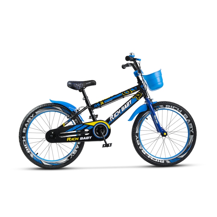 Bicicleta MTB Copii RICH 7/10 ani unisex JSX20Wtb, roata 20 inch, frana tip C-Brake, cos plastic, negru cu albastru