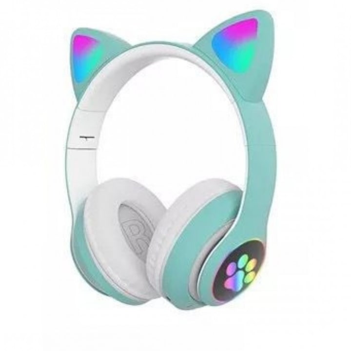 CAT слушалки с котешки уши, мигаща светлина с цветни светодиоди, AKS-28, зелен цвят