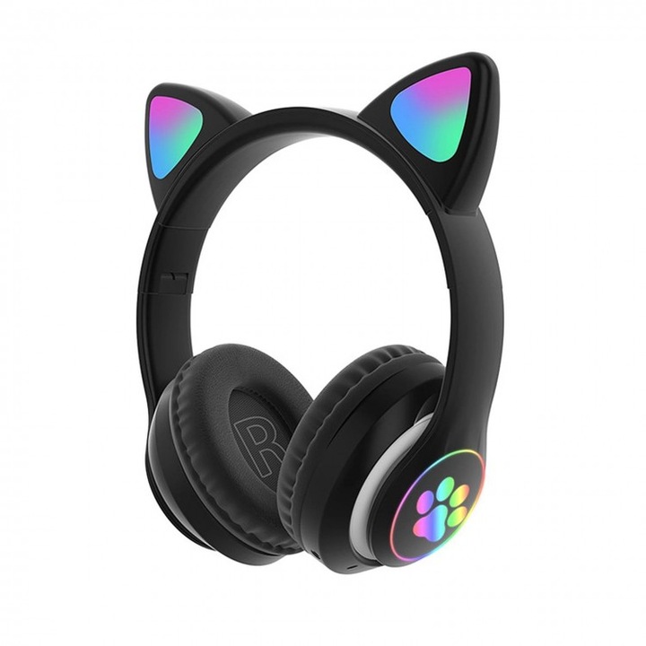 CAT слушалки с котешки уши, мигаща светлина с цветни светодиоди, AKS-28, черен цвят