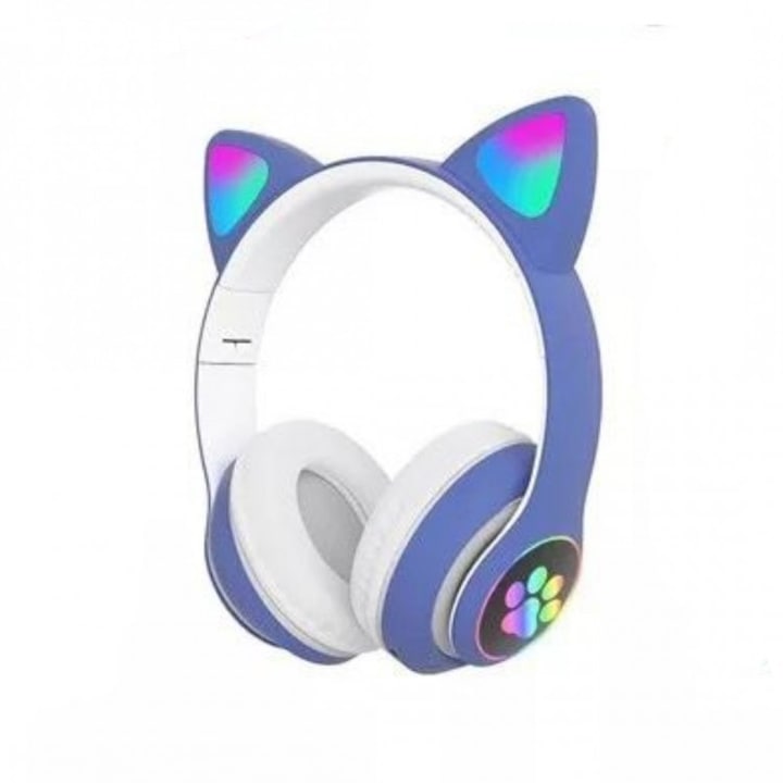 Слушалки CAT с котешки уши, мигаща светлина с цветни светодиоди, AKS-28, син цвят