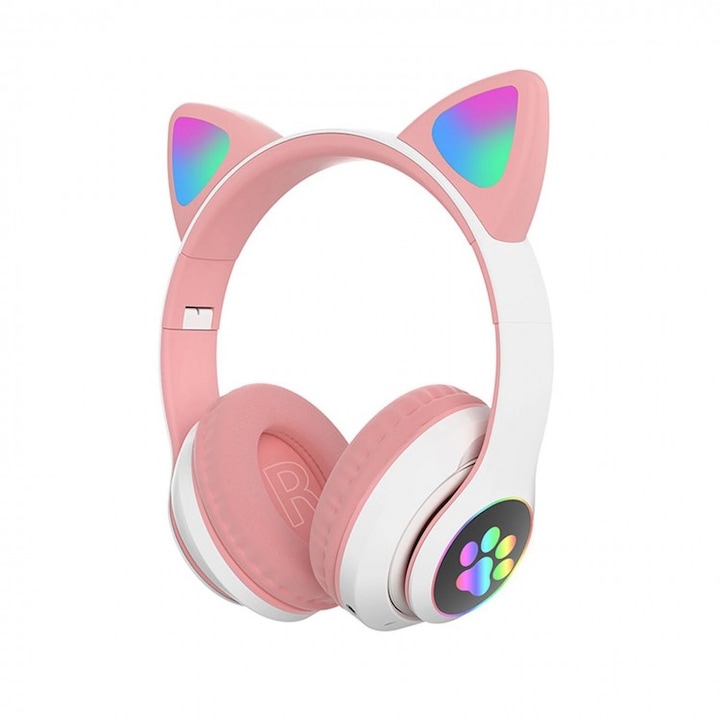 CAT слушалки с котешки уши, мигаща светлина с цветни светодиоди, AKS-28, бял/розов цвят