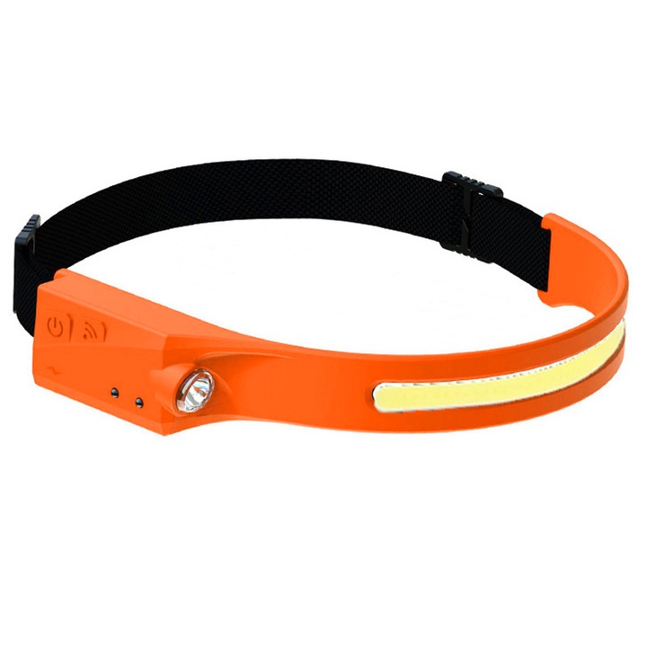 Fejlámpa belső akkumulátorral, PYRAMID®, 350 lumen, COB és XPE LED, kemping, horgászat, autószerviz, USB Type C kábelen keresztül tölthető, mozgásérzékelő, vízálló, narancssárga, L99