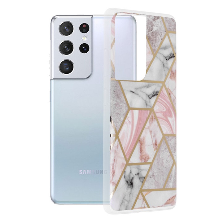 Защитен калъф за Samsung Galaxy S21 Ultra 5G, Grip Pro, серия Marble, G3368, термопластичен, розов шестоъгълник