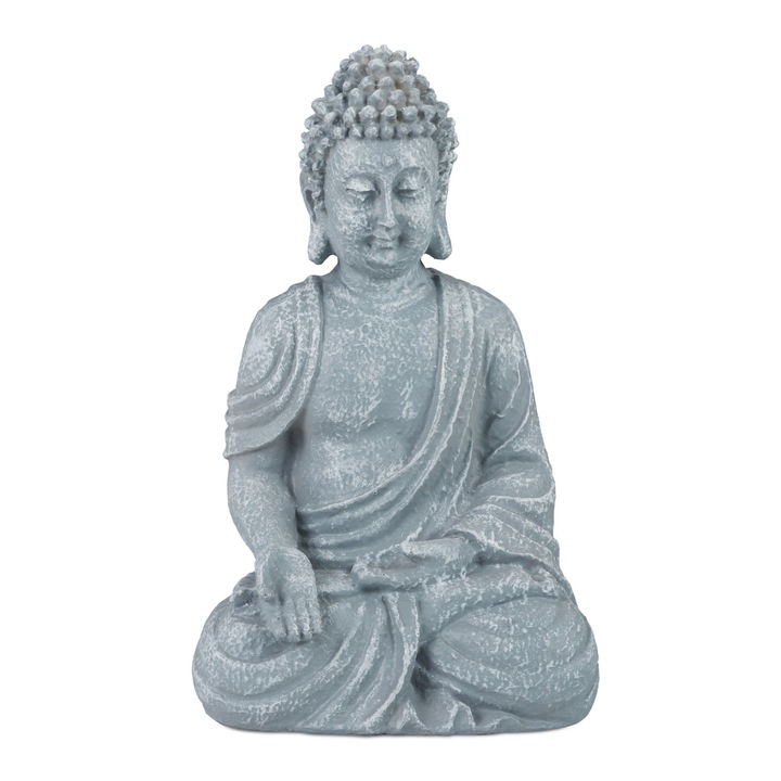 Dekoratív Buddha figura, a boldogság és a kikapcsolódás szimbóluma, 30 x 18 x 11 cm, szürke, Relaxdays