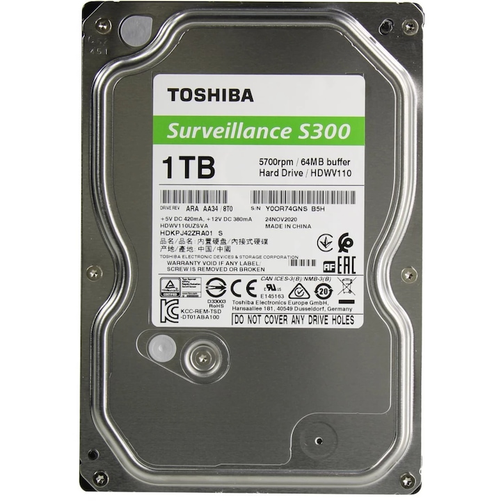 Хард диск HDD Toshiba S300, 1TB, SATA-III, 5700RPM, 64MB, Bulk