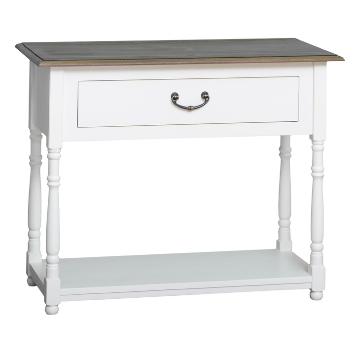 Consola cu 1 sertar cu sine, culoare top maro, corp alb murdar, dublu color, 100% lemn masiv, 76x96x45 cm