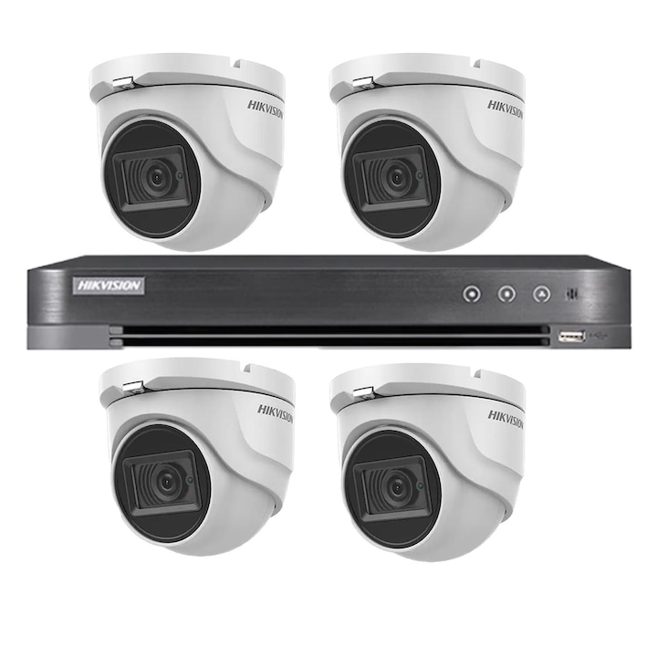 Sistem supraveghere video Hikvision 4 camere exterior ColorVu 5MP, lumina alba 40m, DVR 4 canale Hikvision, accesorii, hard disk
