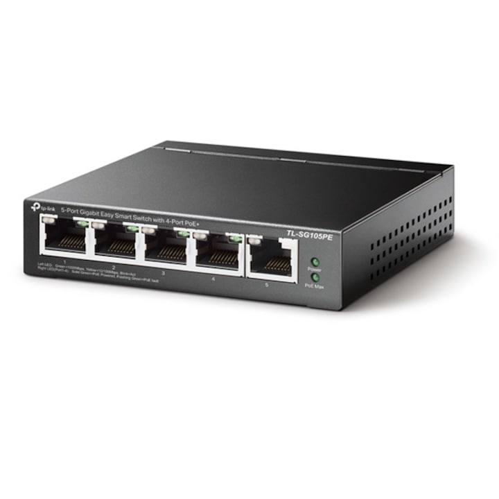 Switch TP-Link TL-SG105PE, 5 porturi Gigabit, Desktop, Easy Smart, POE, 10Gbps Capacity, porturi POE: 1-4, buget POE: 65W