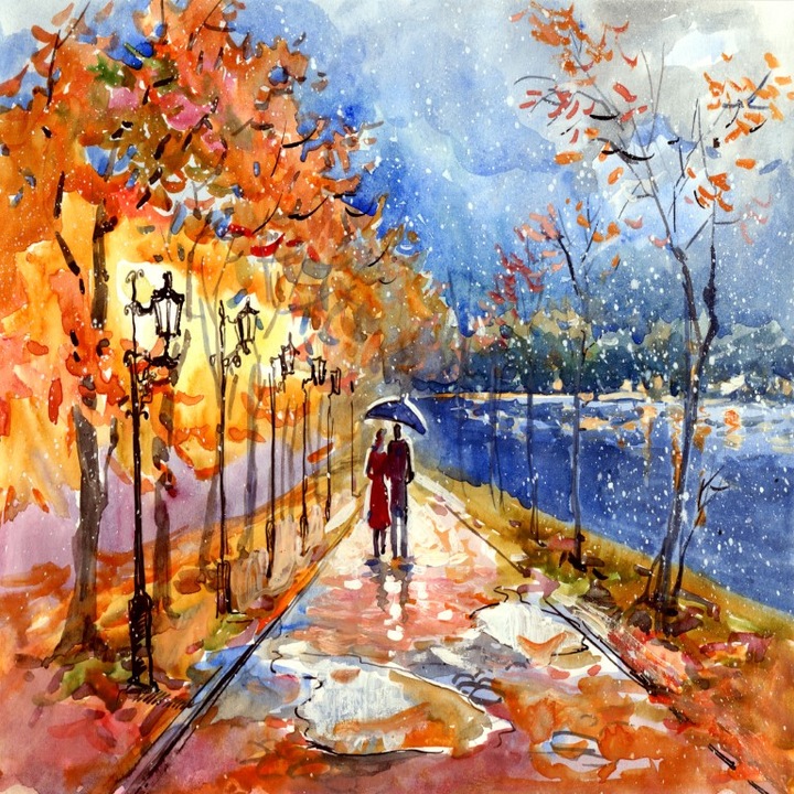 Есенна картина на платно в парка, живопис, 70 х 70 см