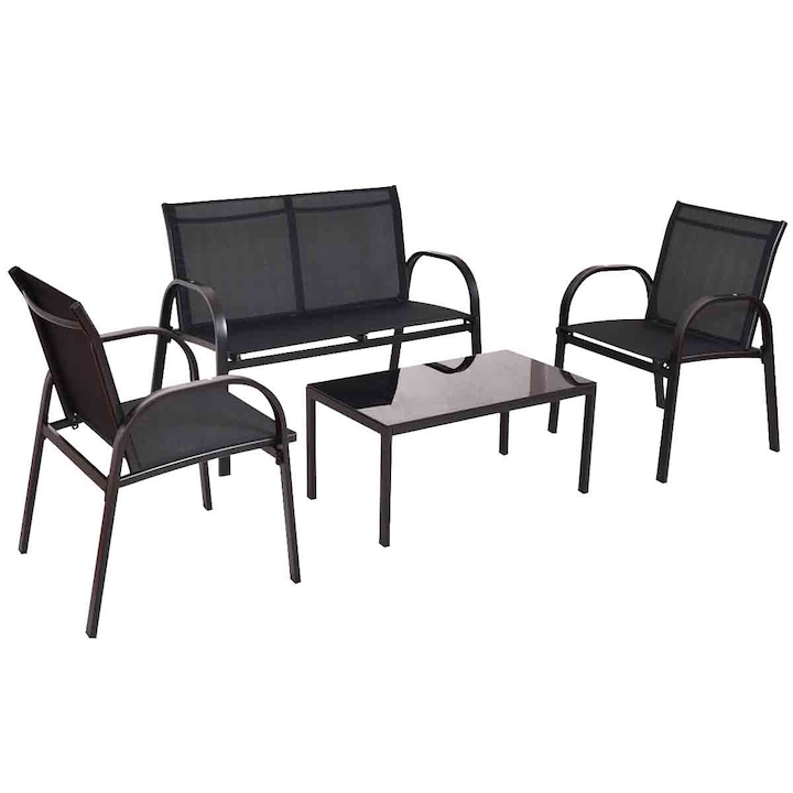 Set 4 piese mobilier gradina, canapea, 2 scaune, masa, Sidef, culoare negru