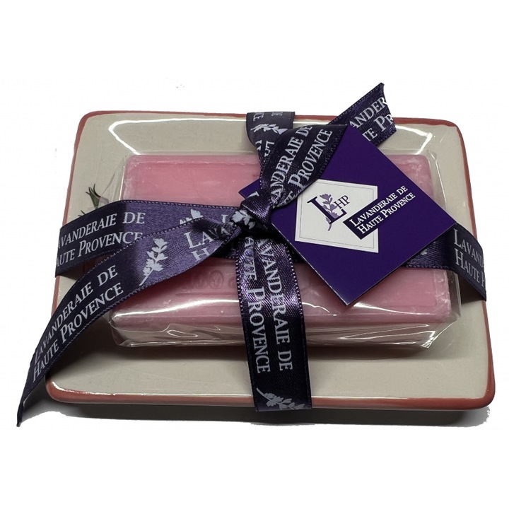 Подаръчен комплект Ceramic Savoniera and Marseille Soap 100 g Rose LHP Lavanderaie de Haute Provence