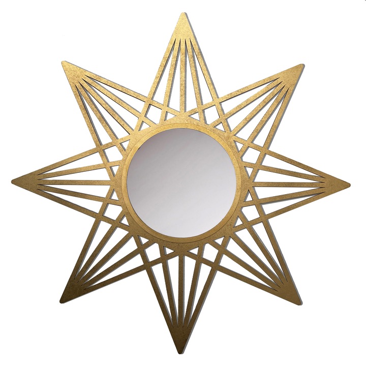 Oglinda decorativa de perete, model star, Bossulica, MDF, auriu, Ø80cm