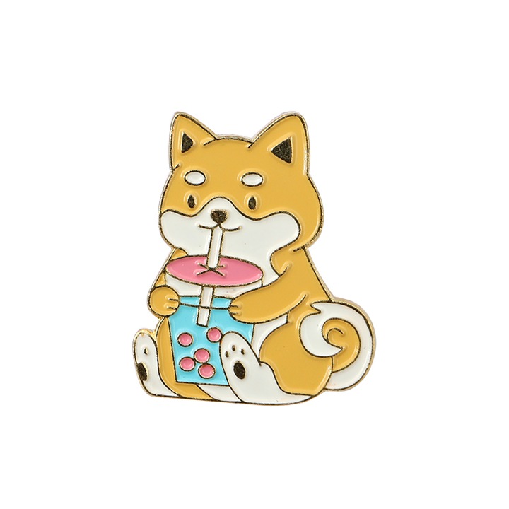 Insigna metal cu pin Corgi Bubble Tea 2.8x3.63 cm