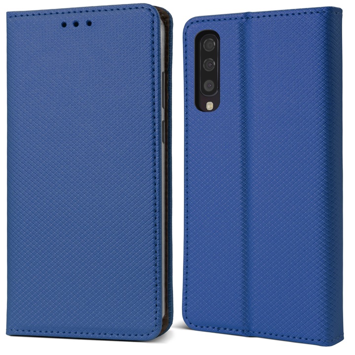 Husa pentru telefon, Moozy, Flip On, pentru Samsung Galaxy A50, Albastru inchis, Piele ecologica