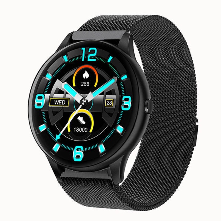 Ceas SmartWatch si Bratara Fitness 2in1 SOLTOY™ Kreep, 1.3" FULL Touch Display, Monitorizare Ritm Cardiac si Tensiune Arteriala, Oximetru SpO2, Notificari Apeluri/Sms/Social Media, Monitorizare Somn, Multi Sport, Negru Metal