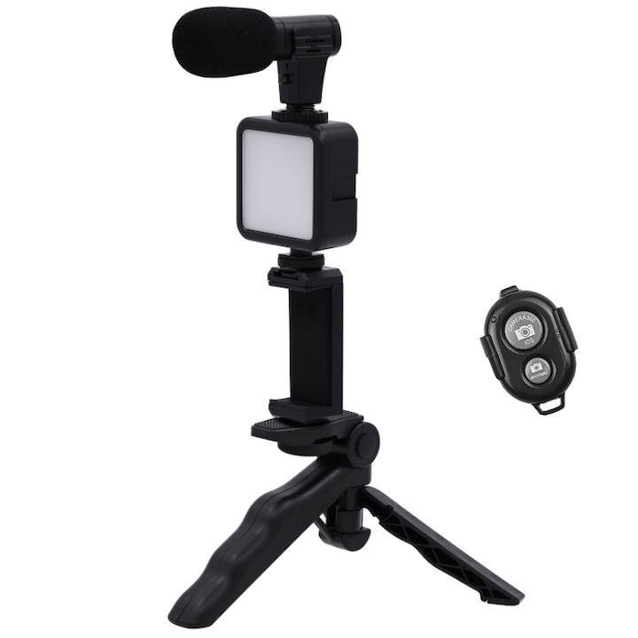 Cartek vlogger készlet, 6 darabos, tripod állvány, LED lámpa, Bluetooth távirányító, telefontartó, fekete