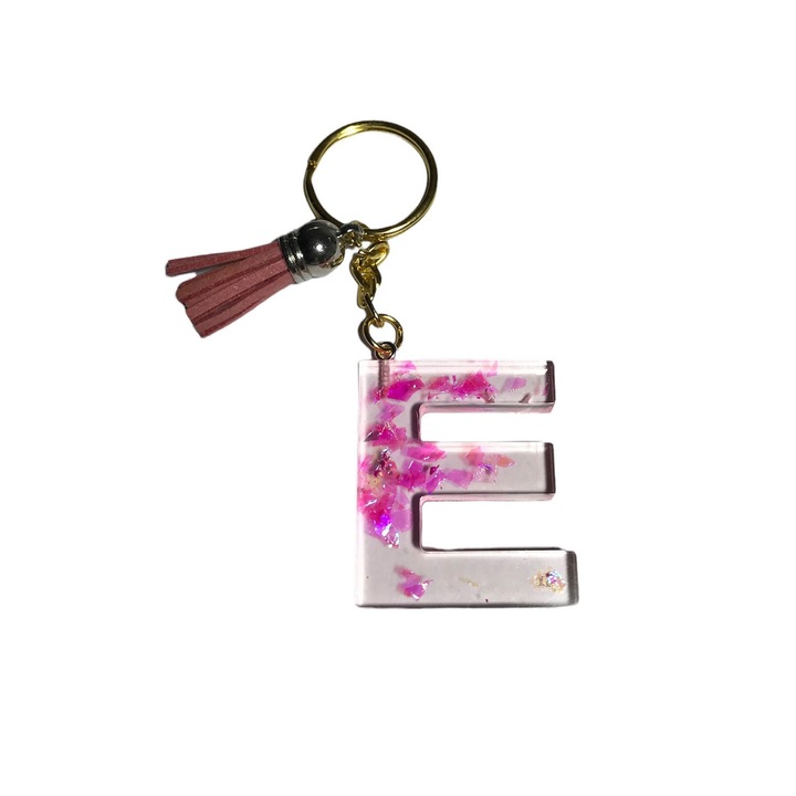Breloc Gentelo cu initiala E, Handmade din rasina epoxidica rose 3D, 4 cm multicolor