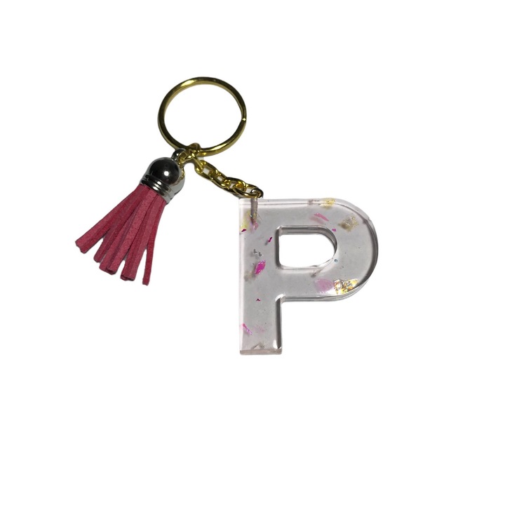 Breloc Gentelo cu initiala P, Handmade din rasina epoxidica rose 3D, 4 cm multicolor