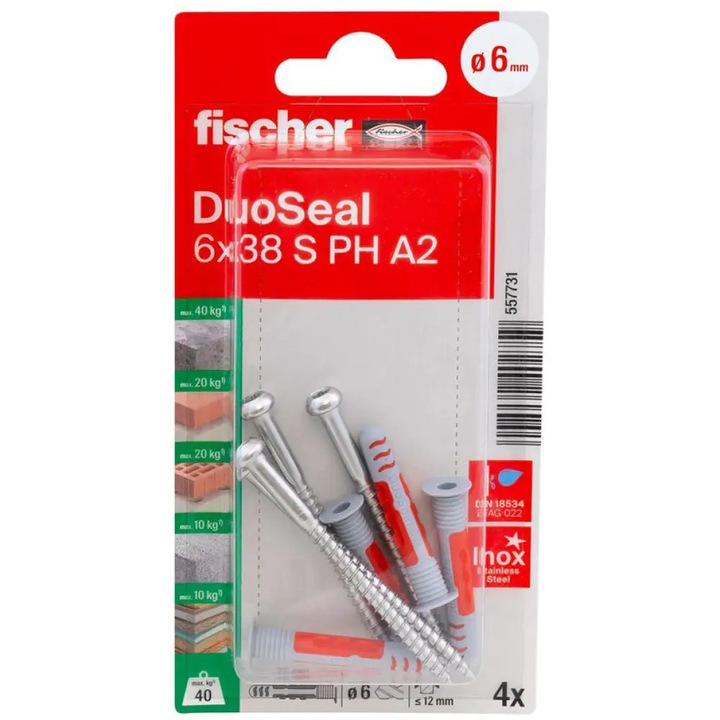 Set 4 buc diblu cu surub A2 etansant, fischer DuoSeal 6 x 38 S PH TX