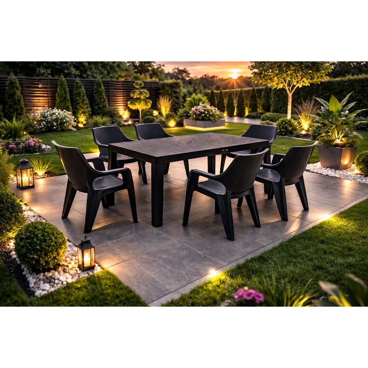 Set Masa Terasa sau Gradina cu 6 Scaune idealStore Premium Table 140x80x75 cm, Calitate Premium, Rezistent la Apa, Soare, Inghet, Umezeala, Utilizare Multipla