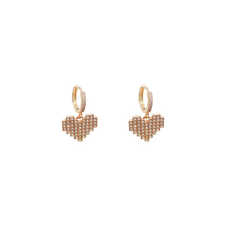 Tessero női fülbevaló strasszokkal, pixeles szív alakú, 18K arannyal bevonva, esőcsepp mintával, cirkónium kövekkel, arannyal