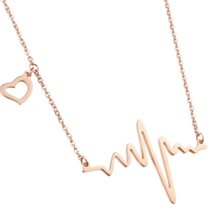 Lantisor de dama, model electrocardiograma, inimioara cu puls, otel inoxidabil, 45 cm, rose gold