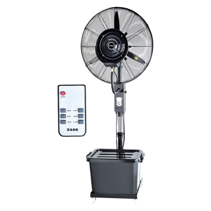 Ventilator cu pulverizare apa de exterior Zass ZOMF 01, Putere 260W, Telecomanda, Diametrul 66 cm, Rezervor apa 41L, 3 viteze, Temporizator 7h