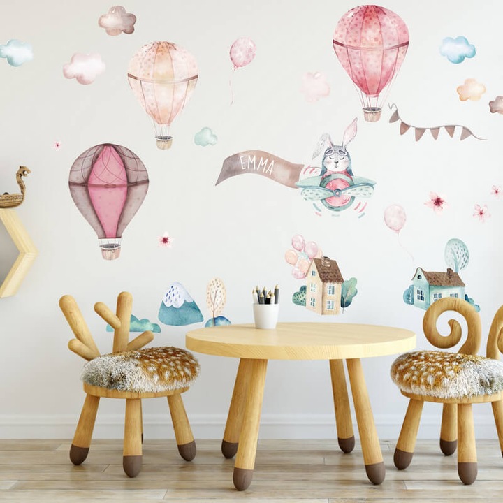 INSPIO Rózsaszín hőlégballon falmatrica névvel gyerekszobába