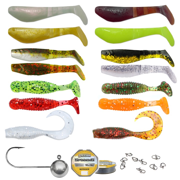 Set pentru pescuitul la biban Mix1 format din 167 piese: 136 naluci siliconice (shaduri si gruburi), 20 microjiguri, 10 agrafe si o rola de fir monofilament