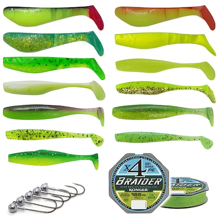 Set pentru pescuitul la salau, stiuca, biban Mix1 format din 84 piese 7.5-9cm: 73 naluci siliconice, 10 jiguri si o rola de fir textil x4