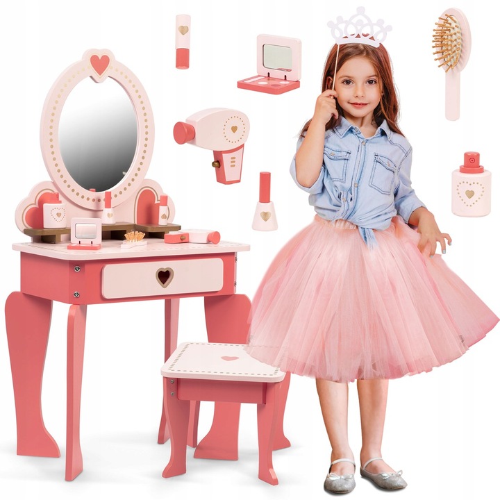 Masuta de Machiaj pentru Fetite, BellePrincesse KinderVibe™, din Lemn Ecologic, cu Scaunel inclus, Oglinda si Sertar, Accesorii, Margini Rotunjite, 93CM Inaltime, Roz Pastel