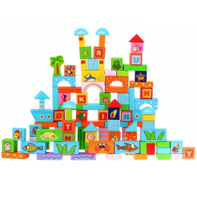 Set 100 de cuburi educative din lemn natural pentru copii, SOLTOY ...