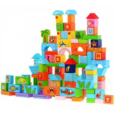 Set 100 de cuburi educative din lemn natural pentru copii, SOLTOY ...