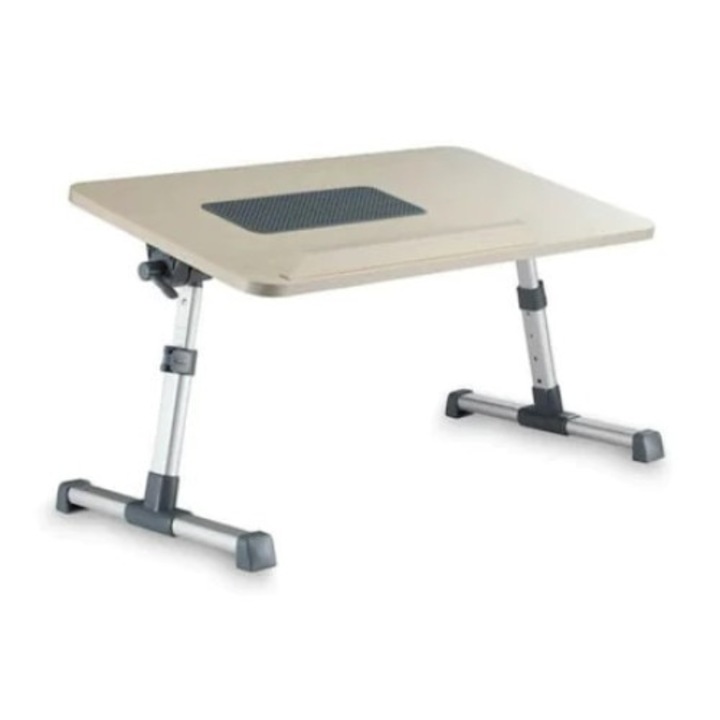 Masuta pentru Laptop FOXMAG24, Blat din MDF, Cooler Incorporat, Picioare din Aluminiu, Ajustare Inaltime si Unghi de Lucru, Alimentare USB, Gri