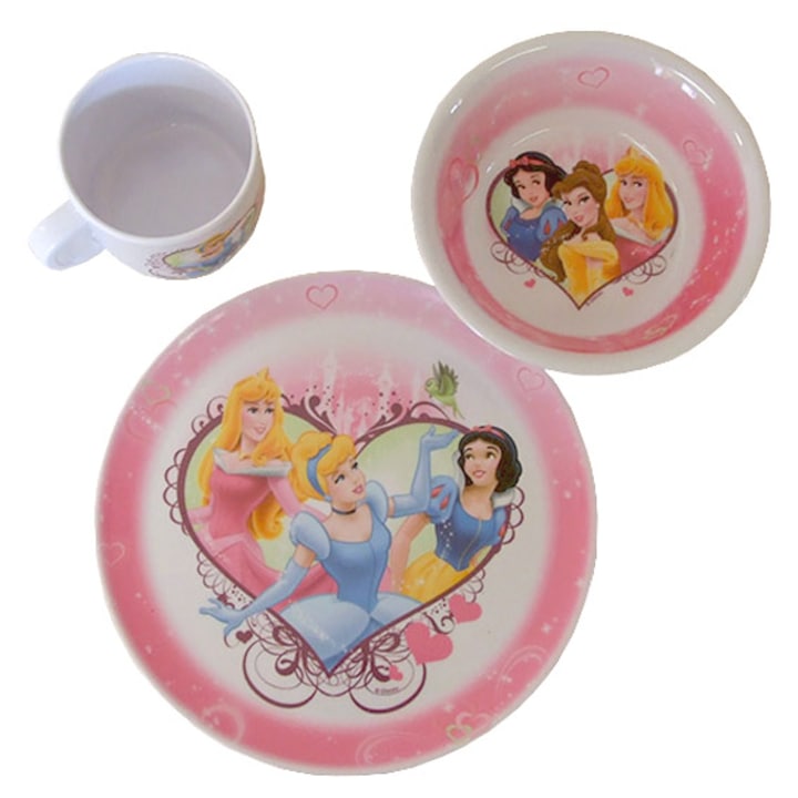 Disney Hercegnők 3 db-os melamin baba étkészlet, gyerek étkészlet, ajándék (Lapos tányér, mély tányér, bögre)