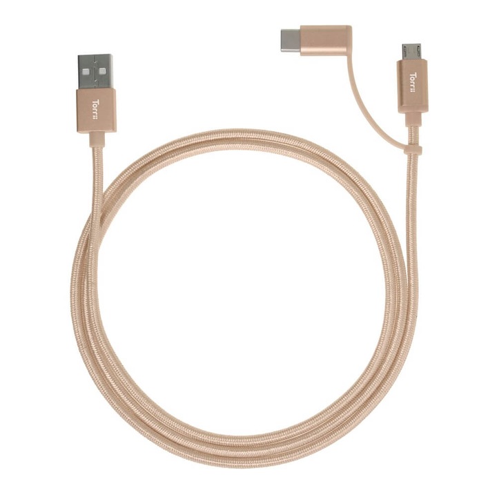 Cablu Kevlar extrem de puternic pentru dispozitive microUSB si USB-C, Torrii, 1 metru, auriu