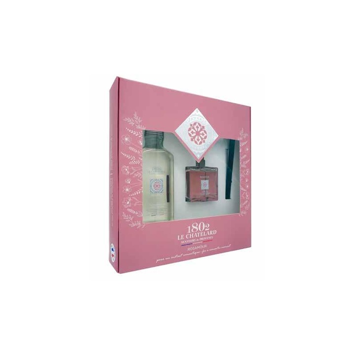 Set Cadou Odorizant de camera cu betisoare ROSAMOUR parfum TRANDAFIRI, 100ml, Rezerva Parfum, 200ml cu Bete Negre de Ratan, Le Chatelard 1802