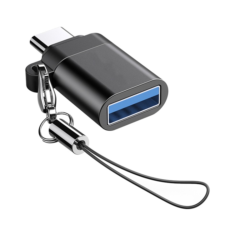 FONIX OTG adapter, USB-C - USB, hordozható, töltés és adatátvitel, 5 Gbps, Fonix Plug & Transfer, zsinór, fekete