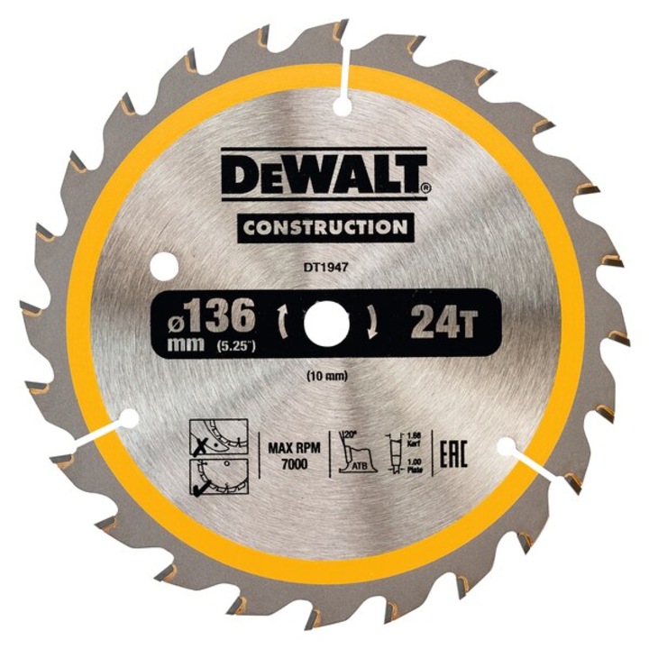 Panza fierastrau circular Dewalt CONSTRUCTION, 136x10x1.65mm, 24 dinti