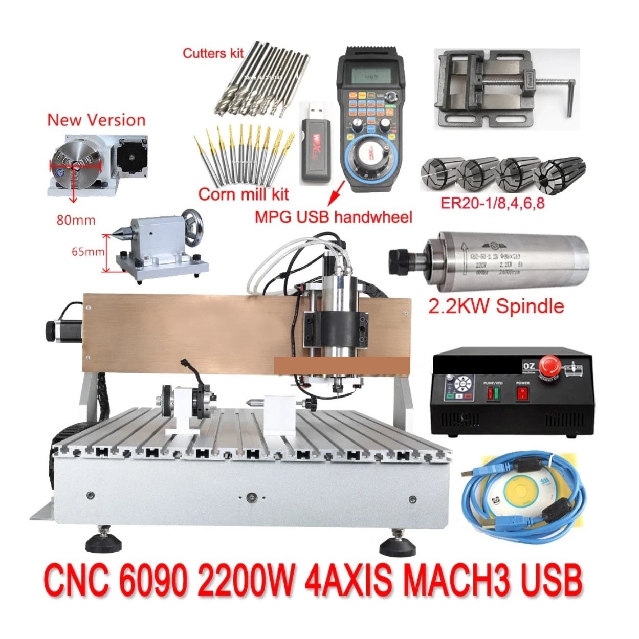 Set freza router CNC 4 axe 900x600mm, 2200W, USB MACH3, cu
